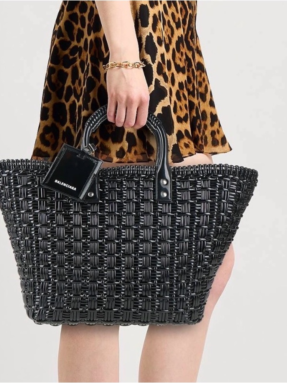 Balenciaga Black Woven Tote with Logo Charm - Picture 2 of 6
